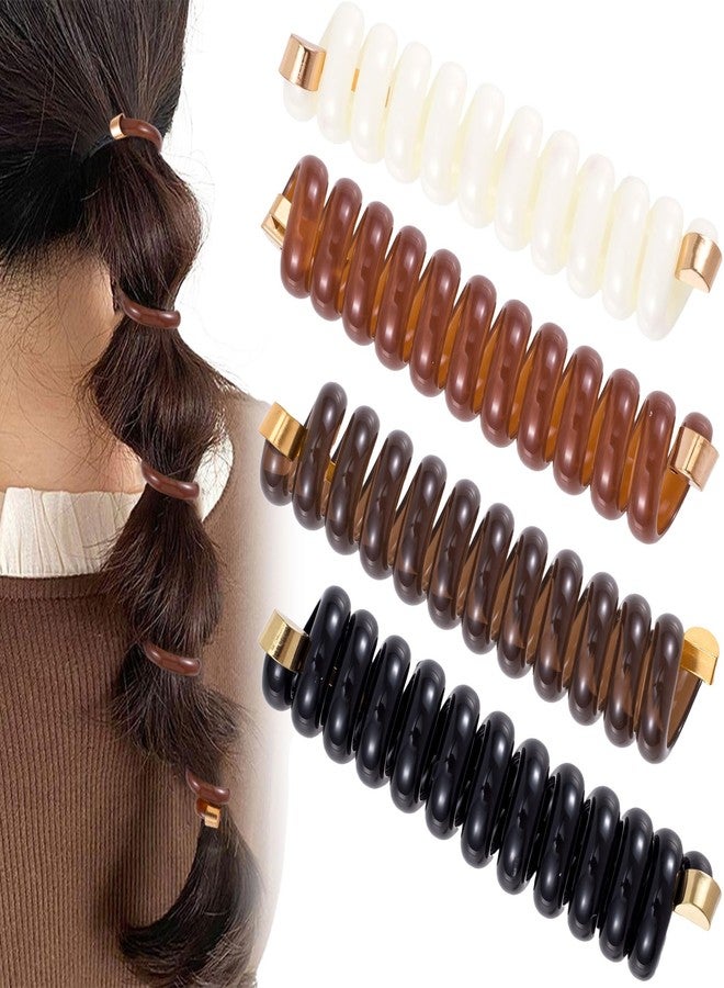 SmallCat 4PCS Spiral Hair Ties, 4 Colors Phone Cord Shape Hair Bands, Elastic Rubber Ponytail Holders for Women, No Crease Hair Accessories for Long Curly Hair - Black, Dark Brown, Light Brown, White - Image 1